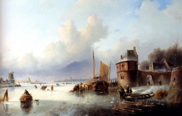 jacob Un paisaje invernal con numerosos patinadores en un barco helado Jan Jacob Coenraad Spohler Pinturas al óleo